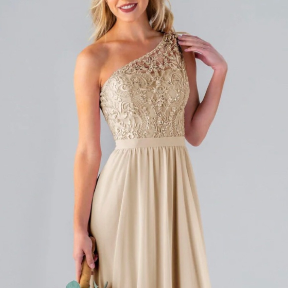 Kennedy Blue Champagne Gold Shannon One Shoulder Beaded Bridesmaid Dress